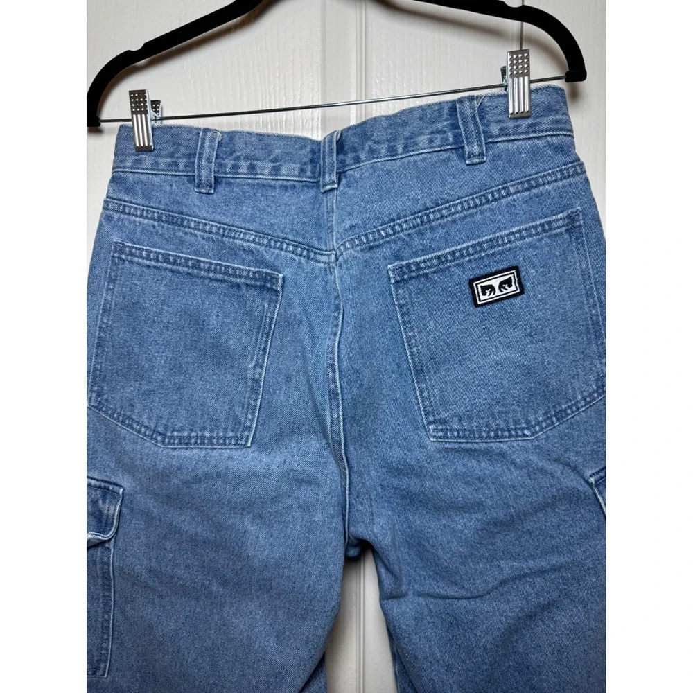 Obey Floral Embroidered Bigwig Cargo Jeans Medium Wash Wide Leg Size 30